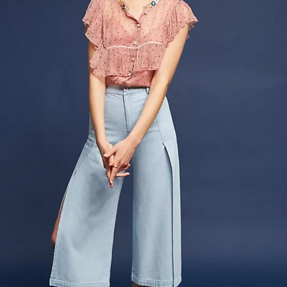 Varun Bahl Beaded Ruffled Nude Pink Polka Dot Sheer Cupro Button Up Blouse XS - Picture 11 of 11